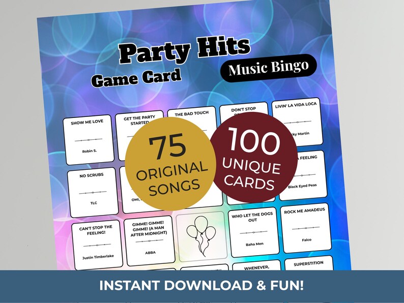 Puede incluir: Una tarjeta de juego azul titulada "Party Hits Music Bingo". La tarjeta presenta t&iacute;tulos de canciones y nombres de artistas, con dos c&iacute;rculos que indican "75 canciones originales" y "100 cartas &uacute;nicas". El texto "&iexcl;Descarga instant&aacute;nea y diversi&oacute;n!" est&aacute; en la parte inferior.