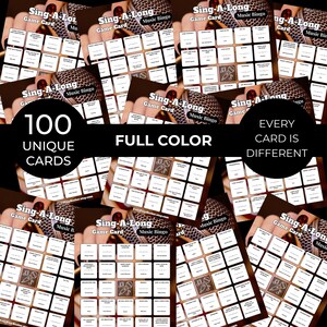K&ouml;nnte beinhalten: Eine Sammlung von Sing-A-Long Music Bingo Spielkarten. Die Karten sind farbig und enthalten 100 einzigartige Karten. Der Text auf den Karten enth&auml;lt Songtitel und musikalische Symbole. Die W&ouml;rter "Sing-A-Long" und "Music Bingo" sind ebenfalls sichtbar.