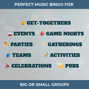 May include: A graphic for Perfect Music Bingo, listing various occasions such as get-togethers, events, parties, and celebrations. The text is accompanied by relevant emojis, including a smiling face, dice, champagne glasses, and a cocktail. The bottom text reads "Big or Small Groups."