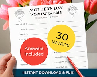 MOTHER'S DAY Word Scramble Game • 30 words • Group Trivia Quiz (included!) • Printable Puzzle (Download)