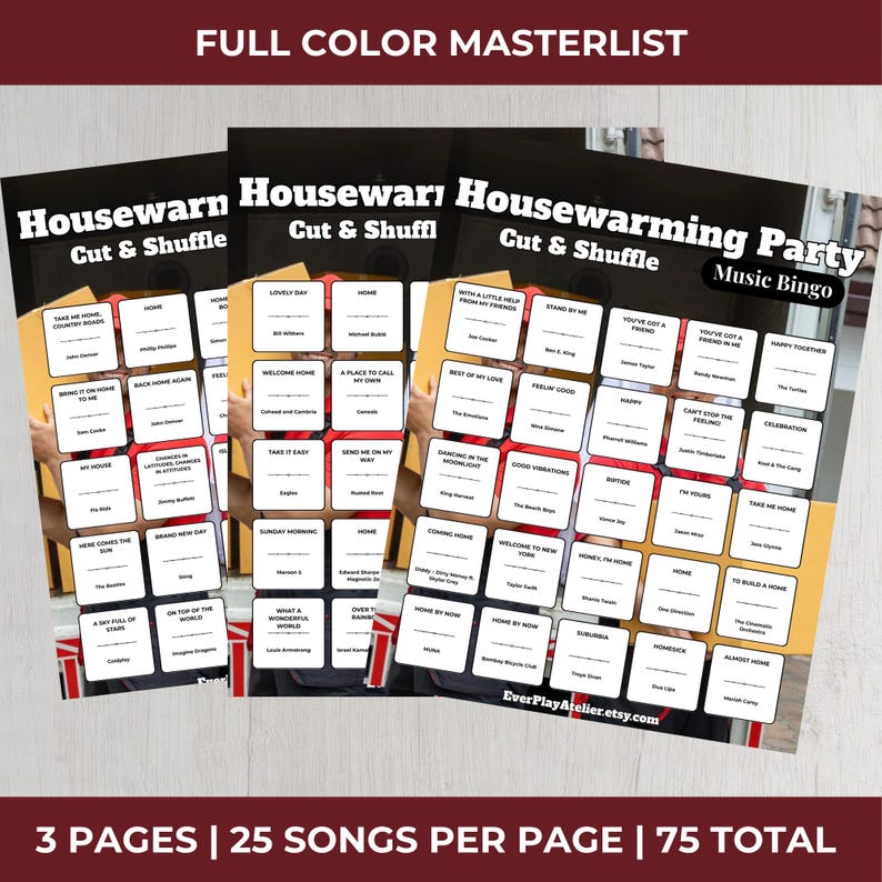 Pode incluir: Tr&ecirc;s cart&otilde;es de jogo de bingo musical para festa de boas-vindas com t&iacute;tulos de m&uacute;sicas em formato de grade. Os cart&otilde;es s&atilde;o pretos com texto branco e fundo amarelo e marrom. O texto "Housewarming Party Music Bingo" est&aacute; no topo.