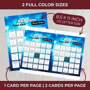 Puede incluir: Tarjetas de juego R&B Love Music Bingo en dos tama&ntilde;os. Las tarjetas miden 21,6 x 27,9 cm, tama&ntilde;o US Letter. Las tarjetas tienen un fondo azul con corazones blancos. El texto en las tarjetas incluye "R&B Love Game Card Music Bingo".