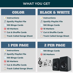May include: A digital bingo game information chart titled WHAT YOU GET, divided into four sections: COLOR, BLACK & WHITE, 1 PER PAGE, and 2 PER PAGE. Each section lists components like instructions, Spotify playlist files, bingo cards, markers, and sheets.