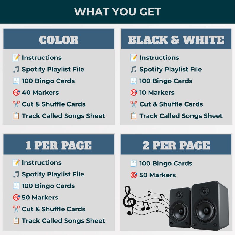 May include: A digital bingo game information chart titled WHAT YOU GET, divided into four sections: COLOR, BLACK & WHITE, 1 PER PAGE, and 2 PER PAGE. Each section lists components like instructions, Spotify playlist files, bingo cards, markers, and sheets.