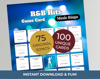 R&B Music Bingo Game • 100 Printable Cards • 75 Songs • Spotify Playlist (Digital Download)