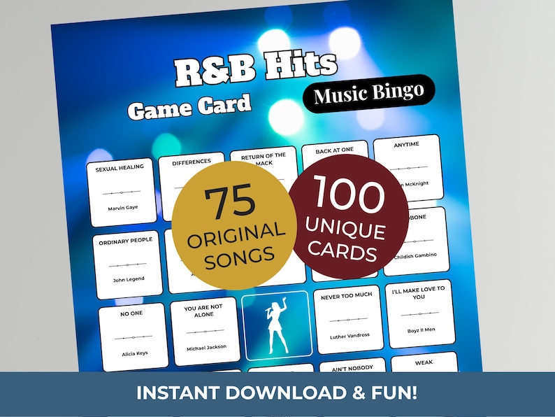 May include: R&B Hits Music Bingo game card with a blue background. The card features song titles and artist names, with two circles stating "75 Original Songs" and "100 Unique Cards". The text "Instant Download & Fun!" is at the bottom.