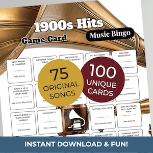 以下が含まれることがあります： 「1900s Hits Music Bingo」と題された白いゲームカード。カードには曲名とアーティスト名が記載されており、「75 Original Songs」と「100 Unique Cards」と書かれた2つの円があります。テキスト「INSTANT DOWNLOAD & FUN！」が一番下にあります。