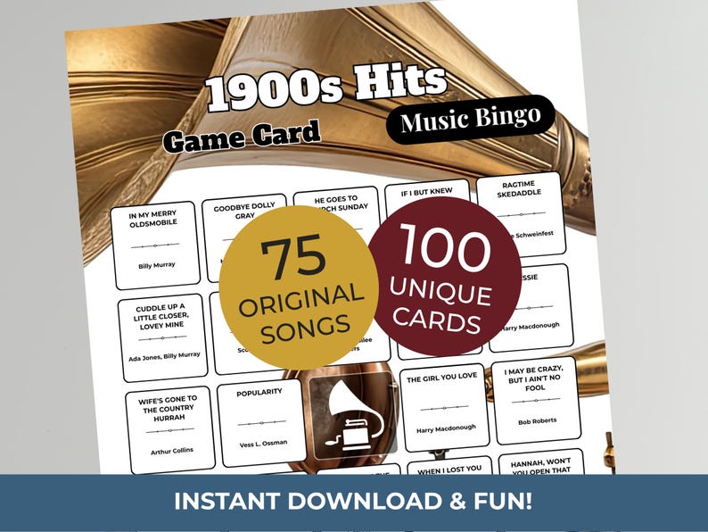 以下が含まれることがあります： 「1900s Hits Music Bingo」と題された白いゲームカード。カードには曲名とアーティスト名が記載されており、「75 Original Songs」と「100 Unique Cards」と書かれた2つの円があります。テキスト「INSTANT DOWNLOAD & FUN！」が一番下にあります。