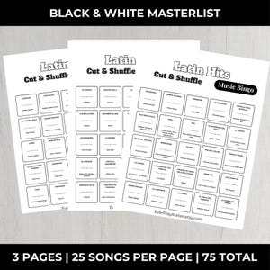 K&ouml;nnte beinhalten: Drei wei&szlig;e Papierb&ouml;gen mit schwarzem Text. Auf dem obersten Bogen steht "Latin Hits Music Bingo". Auf den beiden anderen B&ouml;gen steht "Latin Cut & Shuffle". Jeder Bogen hat Songtitel in K&auml;stchen. Der Text "3 PAGES | 25 SONGS PER PAGE | 75 TOTAL" steht unten.