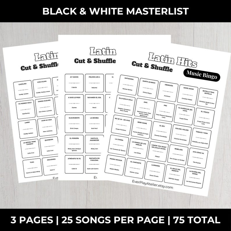 K&ouml;nnte beinhalten: Drei wei&szlig;e Papierb&ouml;gen mit schwarzem Text. Auf dem obersten Bogen steht "Latin Hits Music Bingo". Auf den beiden anderen B&ouml;gen steht "Latin Cut & Shuffle". Jeder Bogen hat Songtitel in K&auml;stchen. Der Text "3 PAGES | 25 SONGS PER PAGE | 75 TOTAL" steht unten.