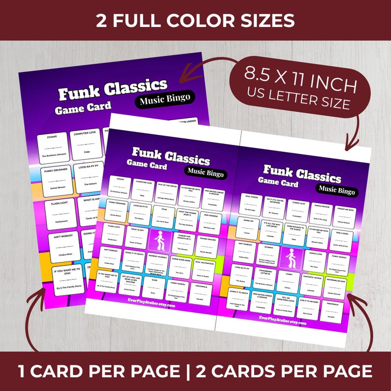 May include: Two "Funk Classics Music Bingo" game cards, 8.5 x 11 inches, with a purple and pink gradient background. Each card has a grid of squares with song titles. Text includes "2 Full Color Sizes" and "US Letter Size".