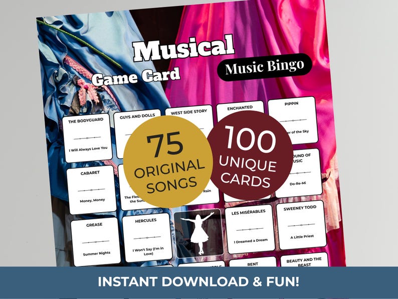 Peut inclure: Une carte de jeu Musical Music Bingo avec un design color&eacute;. La carte pr&eacute;sente des titres de chansons de com&eacute;dies musicales populaires, avec le texte "75 chansons originales" et "100 cartes uniques". Le texte "T&eacute;l&eacute;chargement instantan&eacute; et amusant !" est &eacute;galement affich&eacute;.