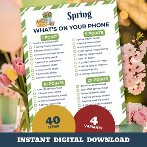 Peut inclure: Une carte de jeu blanche avec des bordures rayées vertes intitulée Spring What's On Your Phone. La carte présente des listes de tâches classées par points de 1 à 20, décorées de petites illustrations à l'aquarelle de fleurs et d'objets de jardin.
