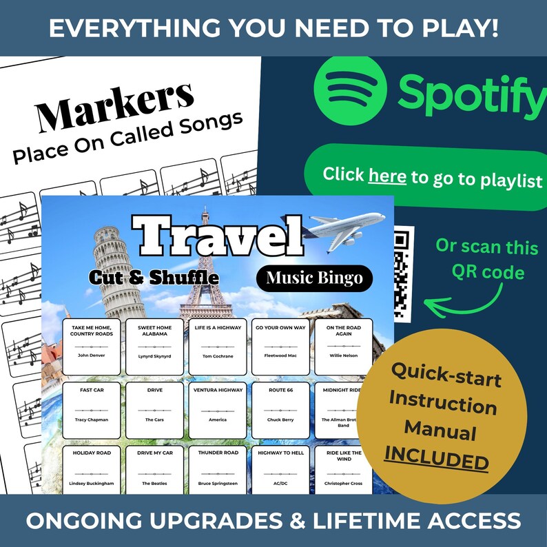 May include: A Travel Cut & Shuffle Music Bingo game set featuring a grid of song titles and artists, a Spotify logo with a QR code, and a Quick-start Instruction Manual. The design includes images of the Leaning Tower of Pisa and Eiffel Tower.