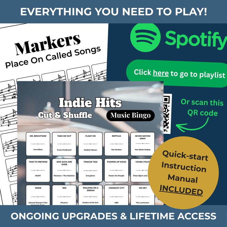 May include: A music bingo game with the text "Indie Hits" and "Music Bingo." The game includes a QR code, a Spotify logo, and the text "Click here to go to playlist." The game also includes a quick-start instruction manual.