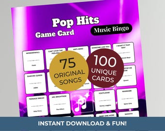 Pop Music Bingo Game | 100 Cards • 75 Songs • Spotify Playlist (Instant Download)