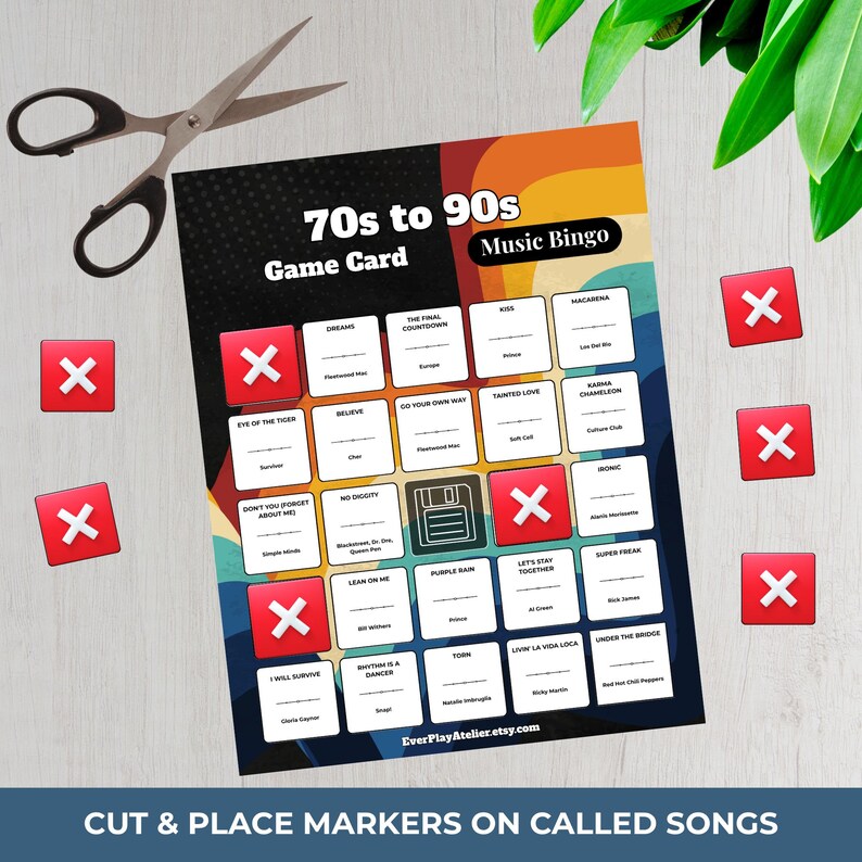 May include: A 70s to 90s Music Bingo game card with a retro design, featuring song titles and spaces for markers. Includes red "X" markers and a pair of scissors. The card's text reads "70s to 90s Game Card Music Bingo".