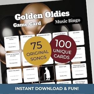 Op de afbeelding: Een Golden Oldies Music Bingo-spelkaart met 75 originele nummers en 100 unieke kaarten. De spelkaart bevat songtitels en artiestennamen, met de tekst "Instant Download & Fun!"