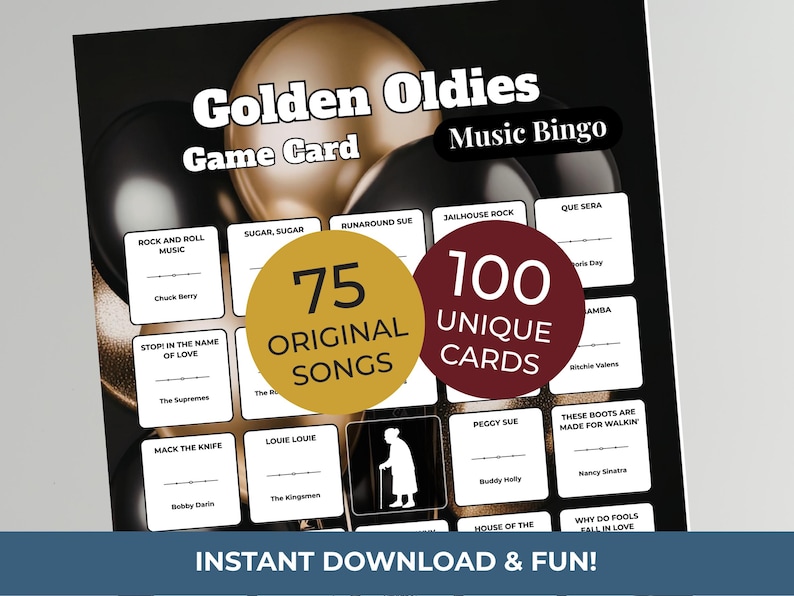 Op de afbeelding: Een Golden Oldies Music Bingo-spelkaart met 75 originele nummers en 100 unieke kaarten. De spelkaart bevat songtitels en artiestennamen, met de tekst "Instant Download & Fun!"