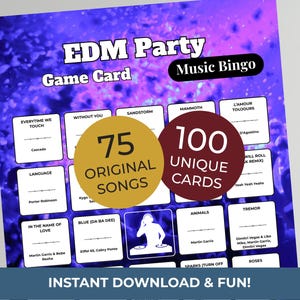 Electronic Dance MUSIC BINGO Party Game | 100 Printable Cards + 75 EDM Songs & Spotify Playlist afbeelding 1