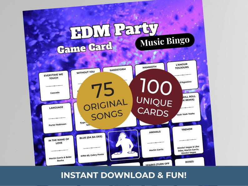 Electronic Dance MUSIC BINGO Party Game | 100 Printable Cards + 75 EDM Songs & Spotify Playlist afbeelding 1