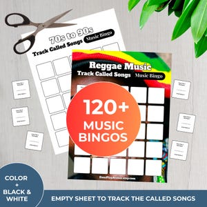 Pode incluir: Folhas de jogo de bingo musical com os t&iacute;tulos "70s to 90s" e "Reggae Music". A folha "Reggae Music" apresenta um grande c&iacute;rculo laranja com "120+ MUSIC BINGOS". Pequenos cart&otilde;es brancos e uma tesoura tamb&eacute;m est&atilde;o presentes.