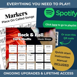 May include: Rock & Roll Music Bingo game featuring song titles such as "Tutti Frutti" and "Great Balls of Fire." Includes a quick-start instruction manual and Spotify playlist access. The game has a red and black design with a gold instruction circle.