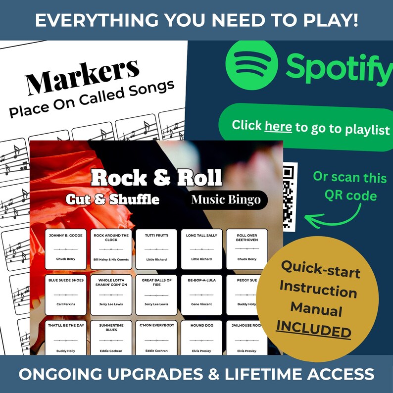 May include: Rock & Roll Music Bingo game featuring song titles such as "Tutti Frutti" and "Great Balls of Fire." Includes a quick-start instruction manual and Spotify playlist access. The game has a red and black design with a gold instruction circle.