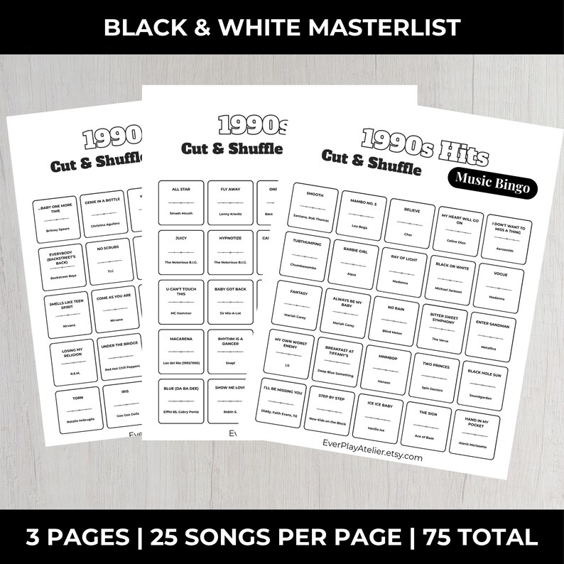 90s Music Bingo Game | 100 Printable Cards | 75 Songs & Spotify Playlist | Digital Products Download image 14