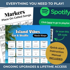 Puede incluir: Juego de bingo musical "Island Vibes" con t&iacute;tulos de canciones como "Three Little Birds" y "One Love". Incluye un c&oacute;digo QR, un enlace de Spotify y un manual de instrucciones r&aacute;pidas. El texto "Markers" tambi&eacute;n es visible.