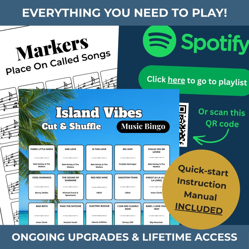 Puede incluir: Juego de bingo musical "Island Vibes" con t&iacute;tulos de canciones como "Three Little Birds" y "One Love". Incluye un c&oacute;digo QR, un enlace de Spotify y un manual de instrucciones r&aacute;pidas. El texto "Markers" tambi&eacute;n es visible.