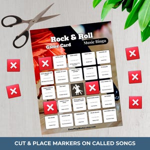 May include: A Rock & Roll Music Bingo game card with song titles, red markers, and scissors. The card features a grid of song titles and a dancing couple graphic. The text "CUT & PLACE MARKERS ON CALLED SONGS" is at the bottom.