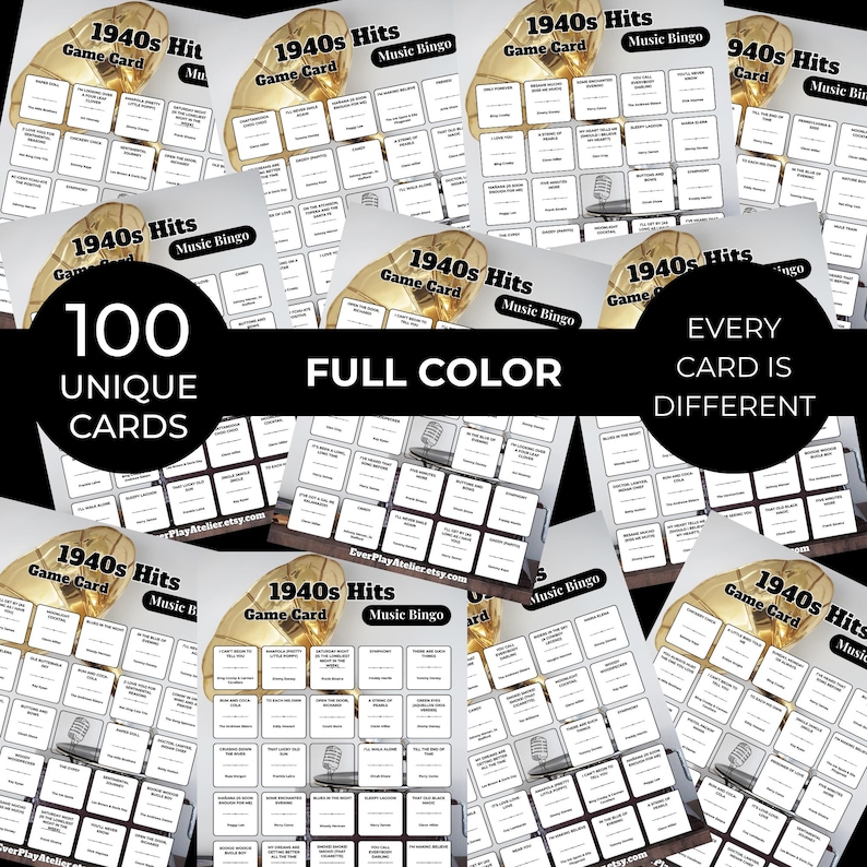 1940s Music Bingo Game | 100 Printable Cards | 75 Songs & Spotify Playlist | Digital Products Download imagen 3