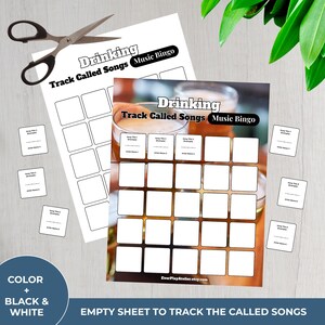 May include: A black and white "Drinking Track Called Songs Music Bingo" game sheet with blank squares for song titles and artist names. Includes small cards and scissors. The text "Color + Black & White" is also visible.