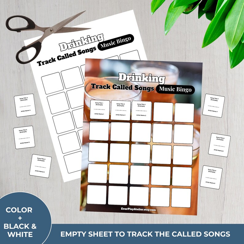 May include: A black and white "Drinking Track Called Songs Music Bingo" game sheet with blank squares for song titles and artist names. Includes small cards and scissors. The text "Color + Black & White" is also visible.