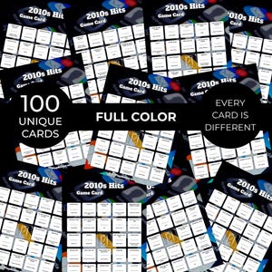 Puede incluir: Un conjunto de cartas de juego "2010s Hits Game Card". Las cartas son a todo color y presentan 100 dise&ntilde;os &uacute;nicos, con el texto "Cada carta es diferente". El fondo es negro con acentos coloridos.