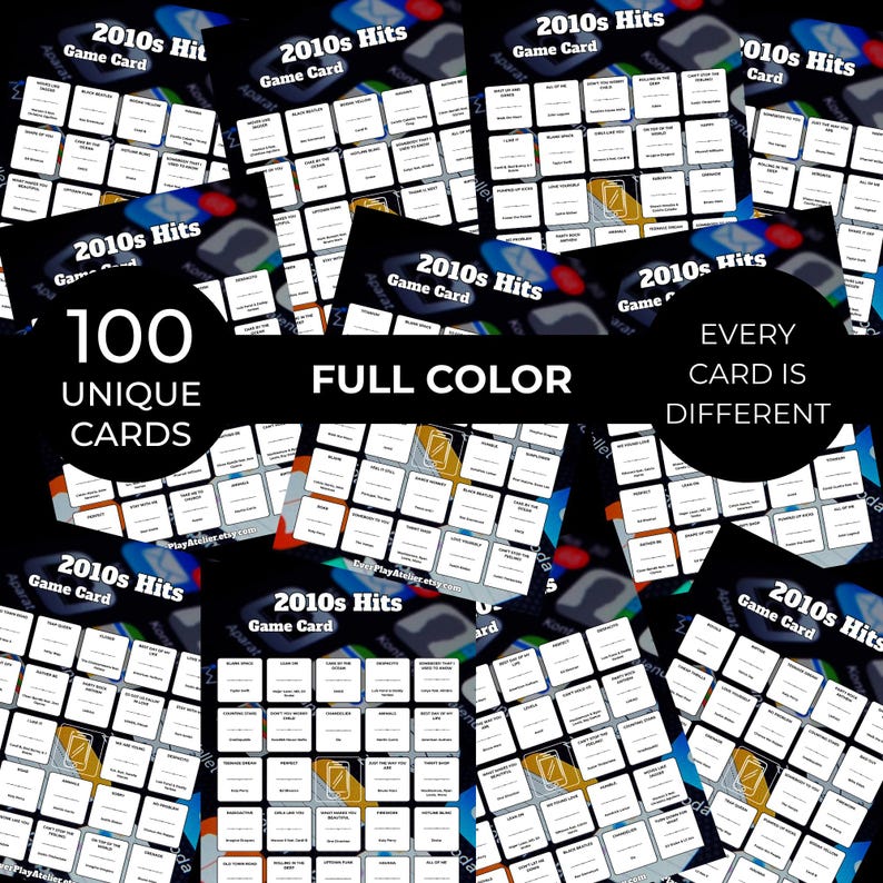 Puede incluir: Un conjunto de cartas de juego "2010s Hits Game Card". Las cartas son a todo color y presentan 100 dise&ntilde;os &uacute;nicos, con el texto "Cada carta es diferente". El fondo es negro con acentos coloridos.