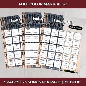 Puede incluir: Tres p&aacute;ginas de tarjetas de bingo de m&uacute;sica italiana con t&iacute;tulos de canciones en texto negro. Las tarjetas presentan una imagen de la Torre de Pisa. El texto "Italian Hits Music Bingo" se muestra en la tarjeta de la derecha.