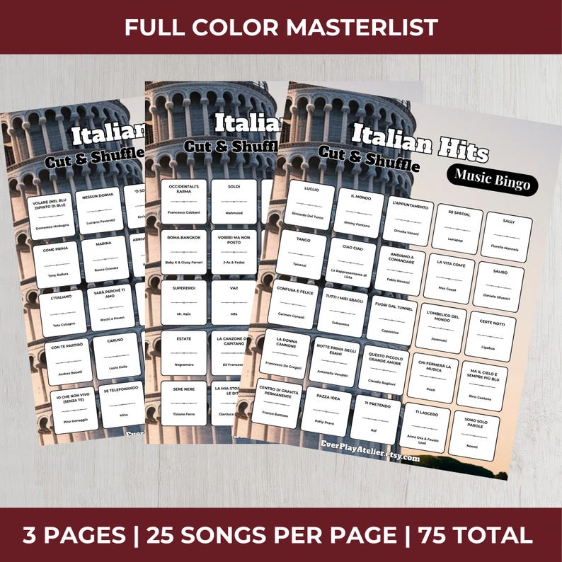 Puede incluir: Tres p&aacute;ginas de tarjetas de bingo de m&uacute;sica italiana con t&iacute;tulos de canciones en texto negro. Las tarjetas presentan una imagen de la Torre de Pisa. El texto "Italian Hits Music Bingo" se muestra en la tarjeta de la derecha.