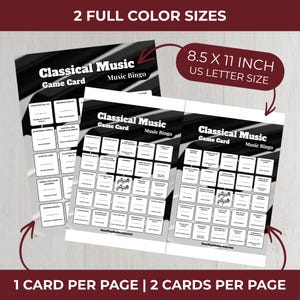 Op de afbeelding: Drie Classical Music Bingo-spelkaarten. De kaarten zijn zwart-wit met de tekst "Classical Music Game Card Music Bingo". De kaarten zijn 21,6 x 27,9 cm groot.