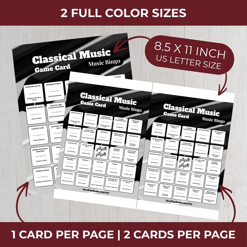 Op de afbeelding: Drie Classical Music Bingo-spelkaarten. De kaarten zijn zwart-wit met de tekst "Classical Music Game Card Music Bingo". De kaarten zijn 21,6 x 27,9 cm groot.