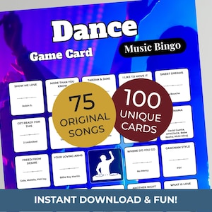 Puede incluir: Una tarjeta de juego azul y morada titulada "Dance Music Bingo". La tarjeta presenta una cuadr&iacute;cula de t&iacute;tulos de canciones y nombres de artistas. Dos c&iacute;rculos dicen "75 canciones originales" y "100 tarjetas &uacute;nicas". La parte inferior dice "&iexcl;Descarga instant&aacute;nea y diversi&oacute;n!"
