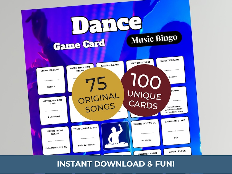 Puede incluir: Una tarjeta de juego azul y morada titulada "Dance Music Bingo". La tarjeta presenta una cuadr&iacute;cula de t&iacute;tulos de canciones y nombres de artistas. Dos c&iacute;rculos dicen "75 canciones originales" y "100 tarjetas &uacute;nicas". La parte inferior dice "&iexcl;Descarga instant&aacute;nea y diversi&oacute;n!"