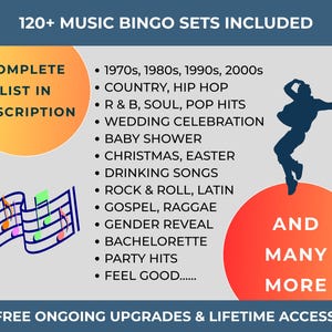 Pode incluir: Gr&aacute;fico azul-petr&oacute;leo que promove conjuntos de bingo musical. A imagem inclui um gr&aacute;fico de notas musicais, uma silhueta dan&ccedil;ando e listas de g&ecirc;neros musicais como R&B, Rock & Roll e Party Hits. O texto diz "Mais de 120 conjuntos de bingo musical inclu&iacute;dos."
