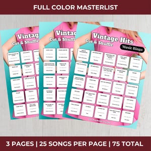 May include: Three sheets of Vintage Hits Music Bingo cards. Each card has a pink background with song titles in white boxes. The cards are held by a person wearing a pink top. The text "Vintage Cut & Shuffle" is at the top.