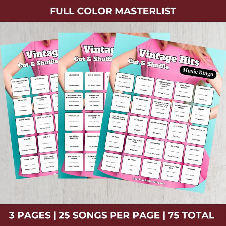 May include: Three sheets of Vintage Hits Music Bingo cards. Each card has a pink background with song titles in white boxes. The cards are held by a person wearing a pink top. The text "Vintage Cut & Shuffle" is at the top.