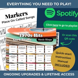 May include: A 1970s Hits Music Bingo game with a stack of cards featuring song titles like "Stayin' Alive" and "Dancing Queen." Includes a quick-start instruction manual and a Spotify playlist link. The game is designed for fun.