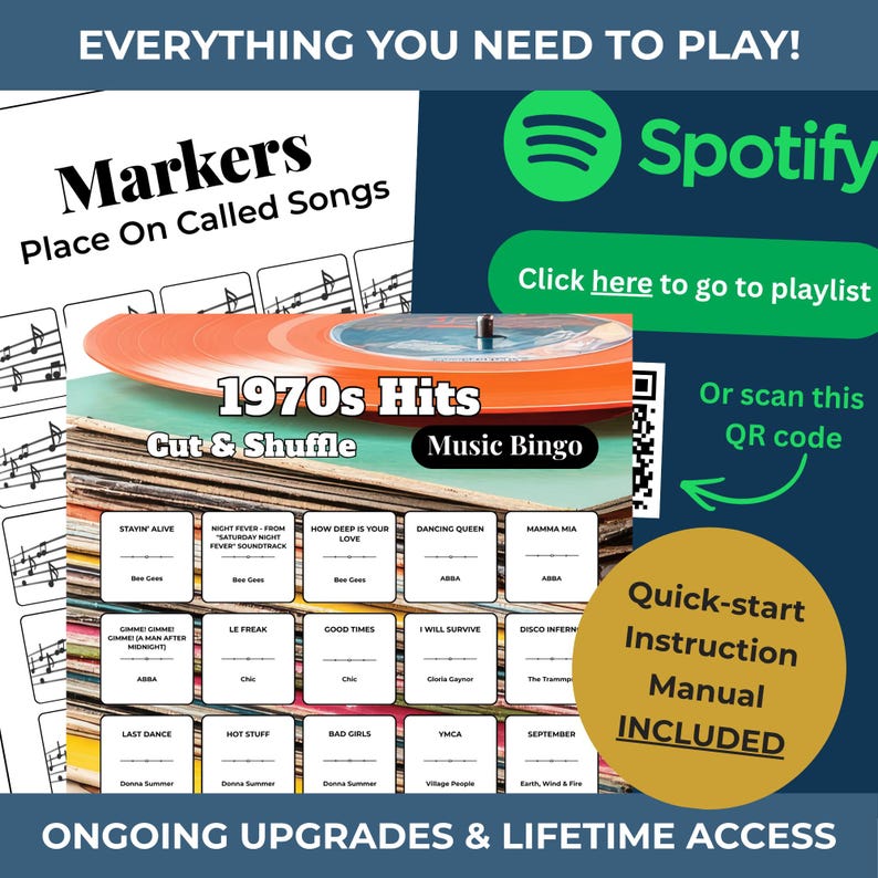 May include: A 1970s Hits Music Bingo game with a stack of cards featuring song titles like "Stayin' Alive" and "Dancing Queen." Includes a quick-start instruction manual and a Spotify playlist link. The game is designed for fun.