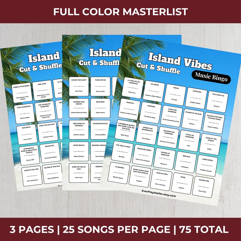 Puede incluir: Tres hojas de tarjetas de "Island Vibes Music Bingo" con un fondo de escena de playa tropical. Cada tarjeta presenta t&iacute;tulos de canciones y nombres de artistas. El texto "Island Cut & Shuffle" e "Island Vibes" son visibles. Las tarjetas est&aacute;n etiquetadas como "3 P&aacute;ginas | 25 Canciones Por P&aacute;gina | 75 Total".