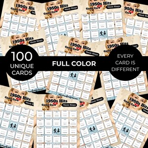 May include: A collection of 100 unique, full-color 1950s Hits Music Bingo game cards. Each card features a grid of squares with song titles. The cards have a vintage design with a woman's face and the text "1950s Hits Game Card Music Bingo".